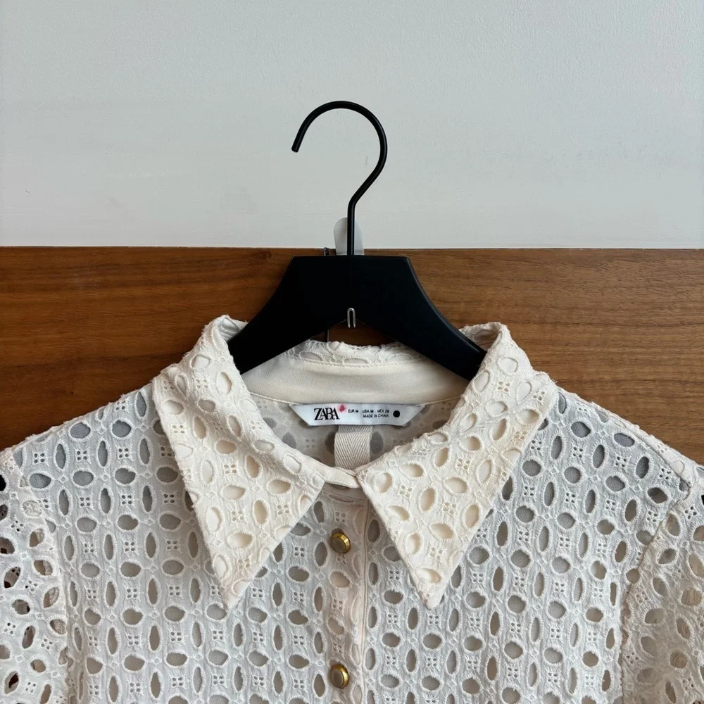 ZARA CREAM EMBROIDERED CUTWORK MIDI DRESS, SIZE M